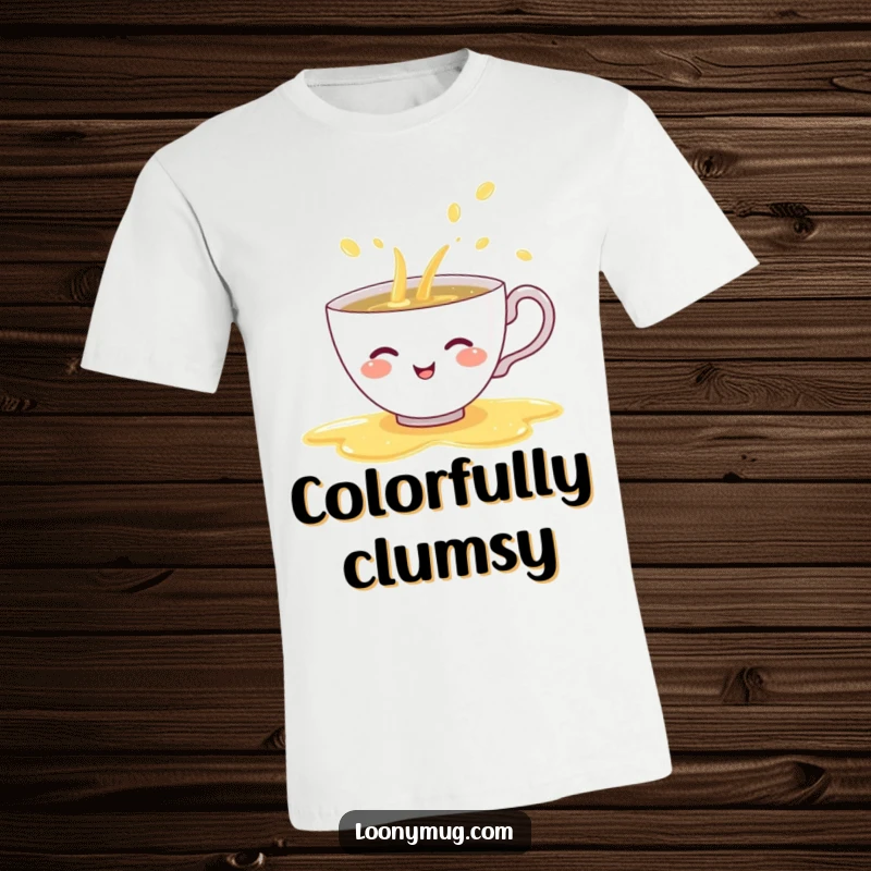 Funny t-shirt depicting a shy teacup giggling while spilling a rainbow of tea, a whimsical and humorous wearable art piece.