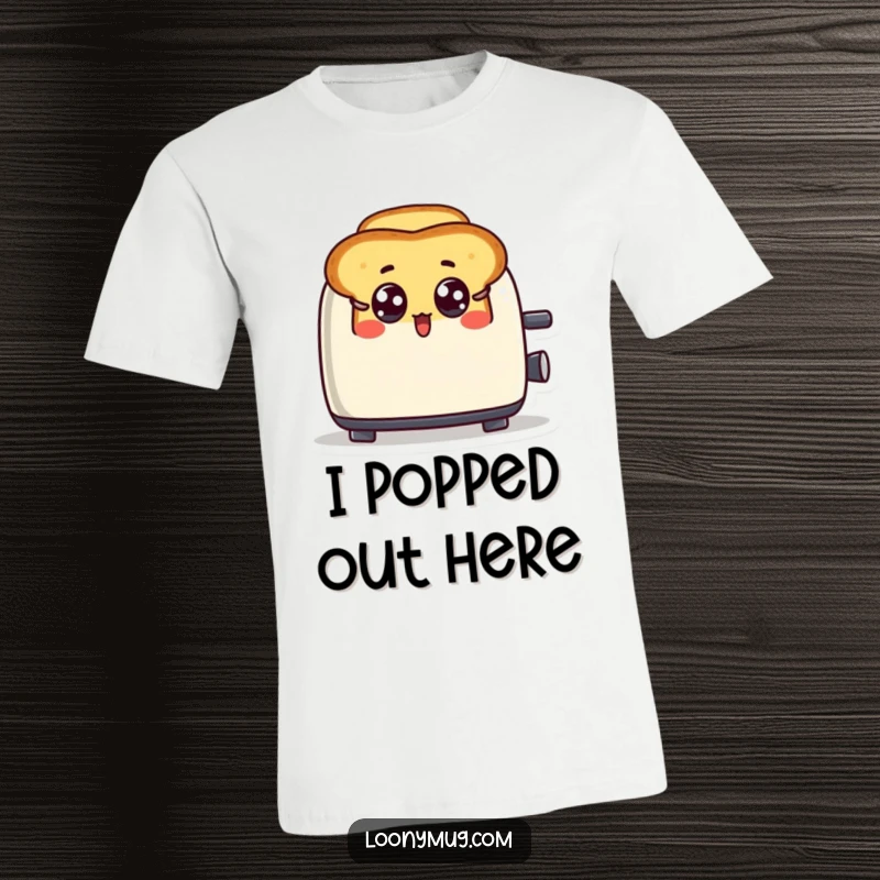 Funny t-shirt showcasing a toast character's wide-eyed surprise as it jumps from a toaster.