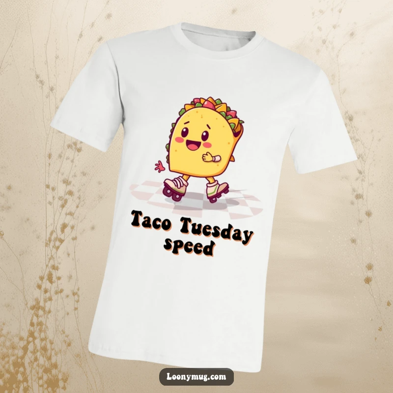 Funny taco on roller skates, speeding across a checkered floor, wearing a t-shirt, full of joy and motion.