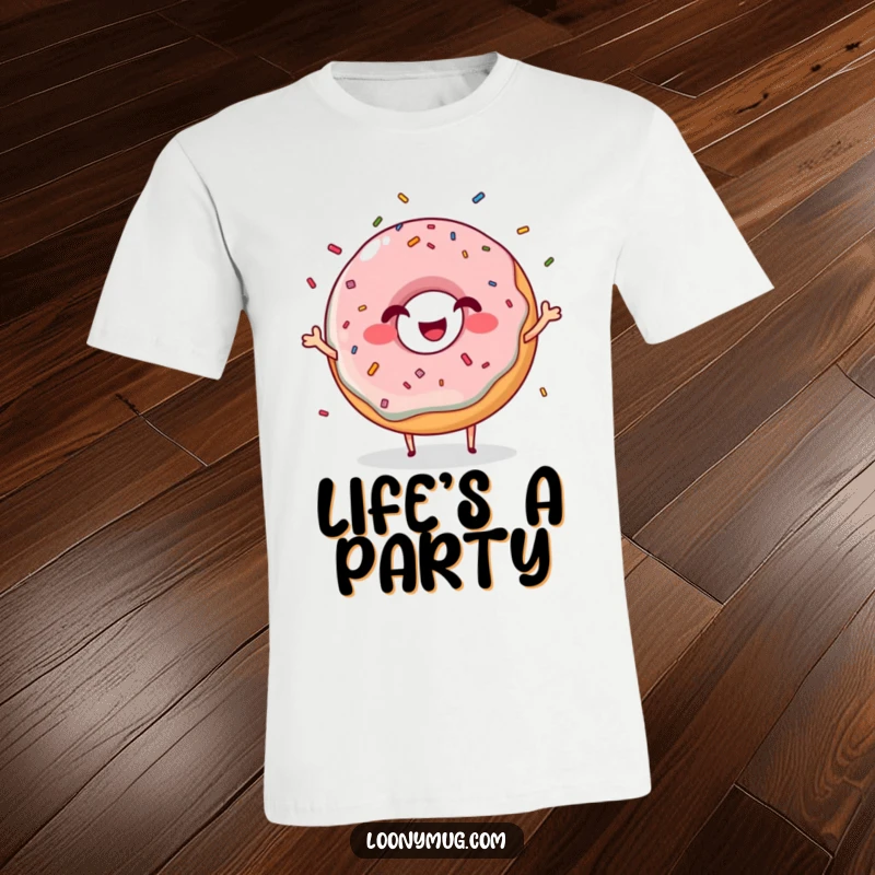 Funny giggling donut t-shirt character juggling sprinkles with a grin, a cheerful and humorous wearable.