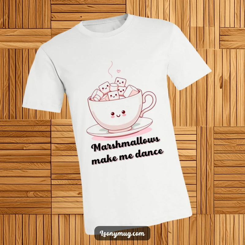 Funny T-Shirt showcasing a happy teacup filled with tiny, spirited marshmallows enthusiastically dancing, a symbol of pure delight.