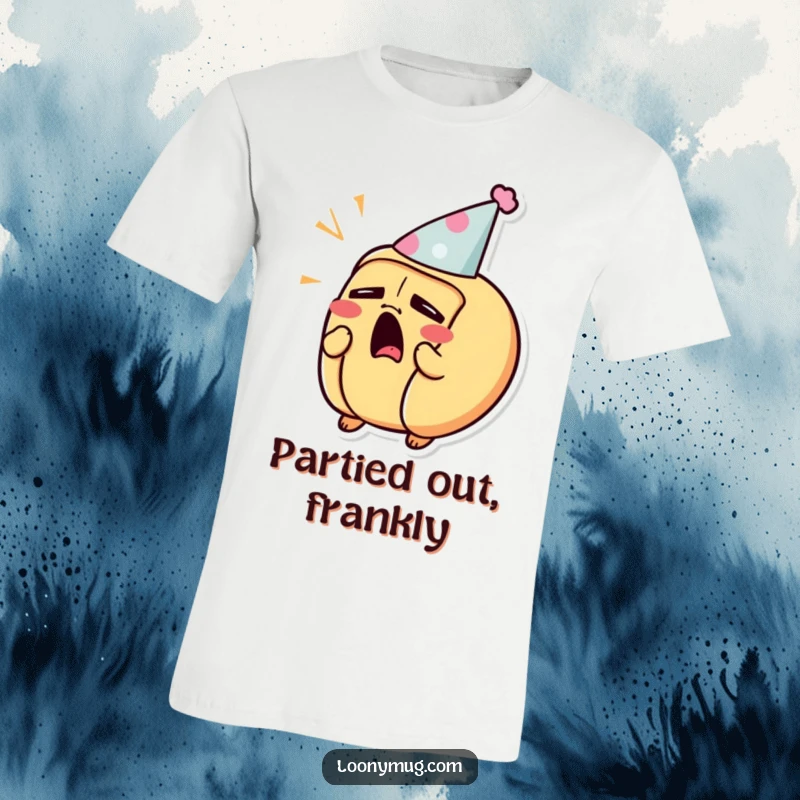 Funny t-shirt depicting a sleepy hot dog character yawning adorably with a tiny party hat.