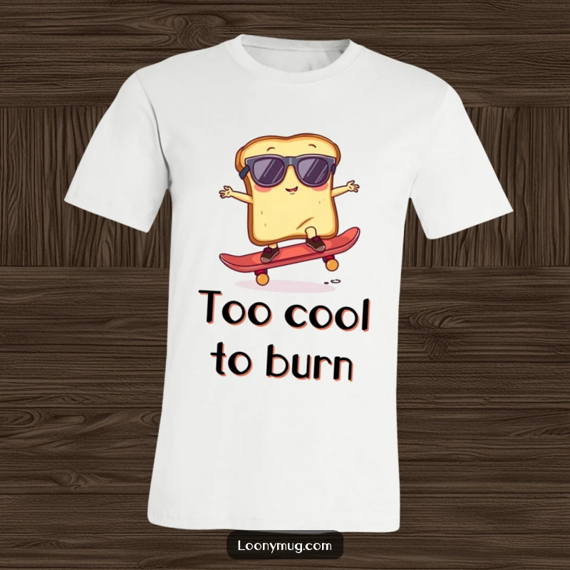 Funny T-Shirt depicting a slice of toast wearing sunglasses, attempting a clumsy skateboard trick, radiating cool vibes.