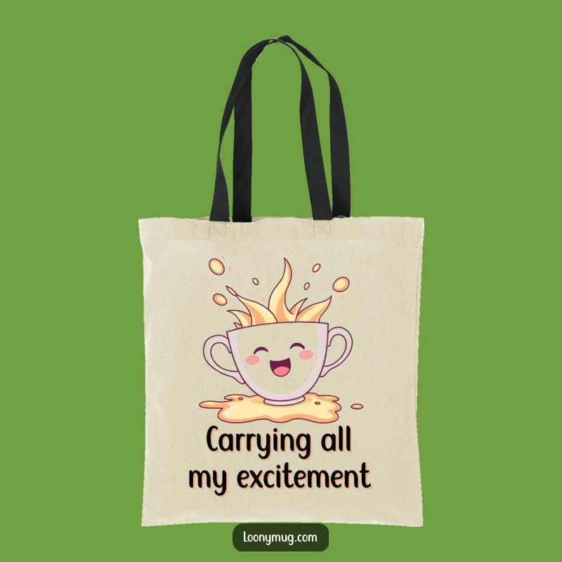 Funny Cheerful Teacup Spill Tote Bag: Carry Your Enthusiasm with Style