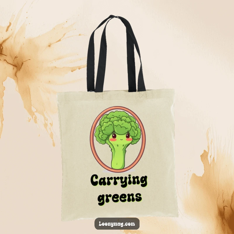 Funny tote bag showing a proud broccoli admiring its reflection in a mirror, a humorous and practical accessory.
