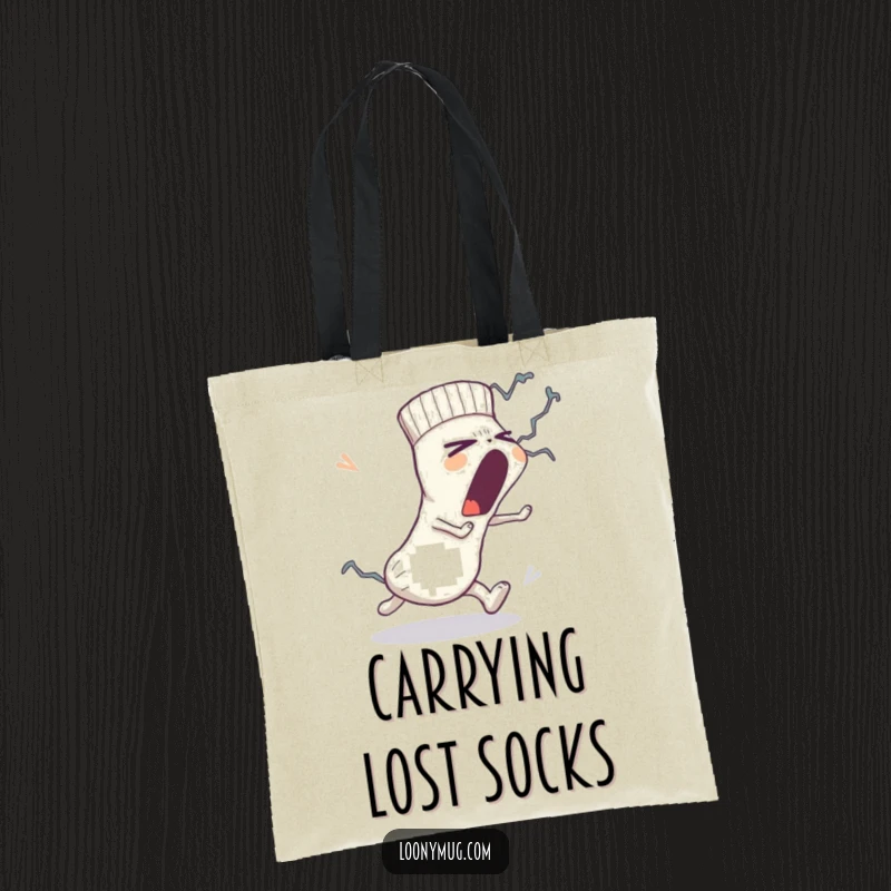 Funny tote bag design: a sleepy sock yawns big while fleeing a lint monster, showcasing laundry day humor in a whimsical way.