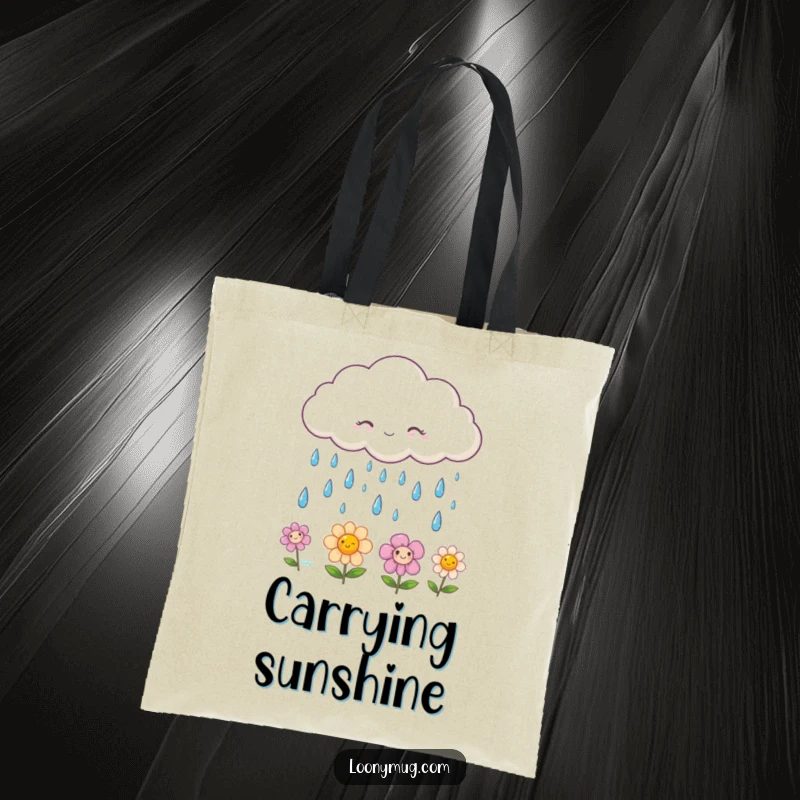Funny tote bag with a fluffy cloud raining smiling raindrops onto beautiful happy flowers, a functional and cheerful accessory.