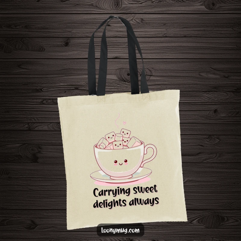 Funny Tote Bag featuring a happy teacup overflowing with tiny, energetic marshmallows dancing, perfect for a bit of fun.