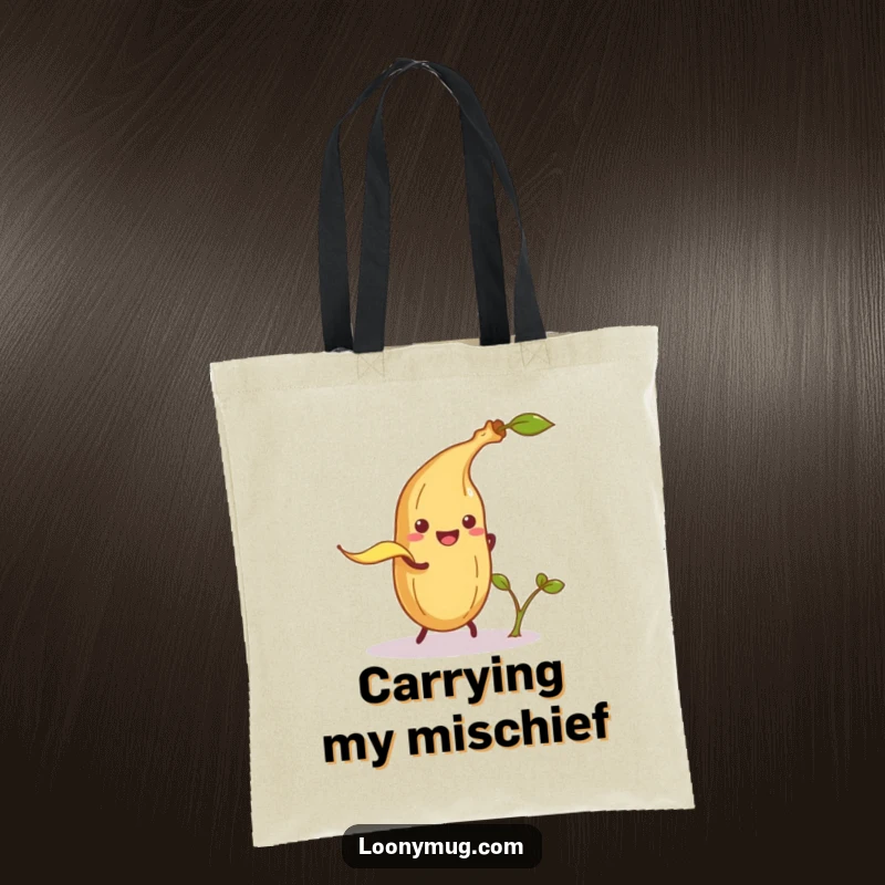 Funny tote bag featuring a mischievous banana peel attempting to trip a smiling potato sprout, perfect for carrying groceries or daily items.