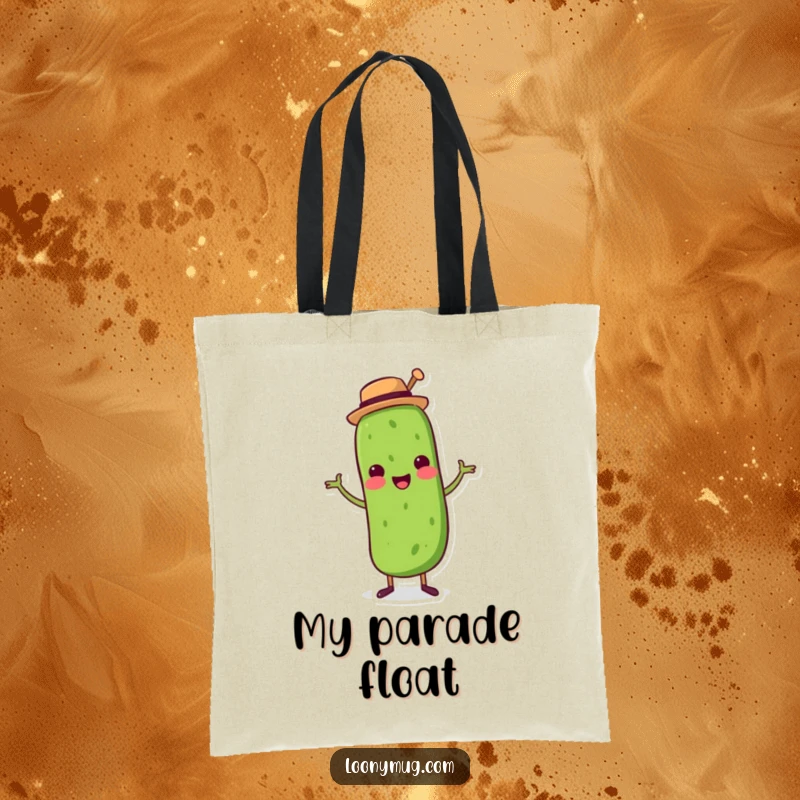 Funny tote bag with a dancing pickle wearing a top hat, perfect for carrying items with a playful vibe.