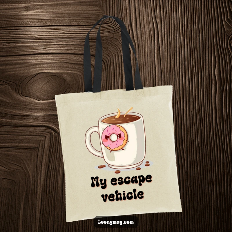 Funny grumpy donut trying to escape a giant coffee mug, printed on a durable tote bag. A humorous accessory for shopping.