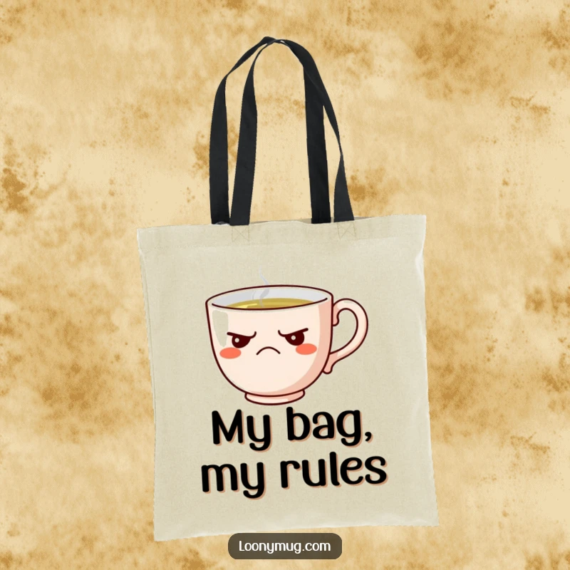 Funny tote bag design of a grumpy teacup refusing tea, ideal for carrying items with attitude.