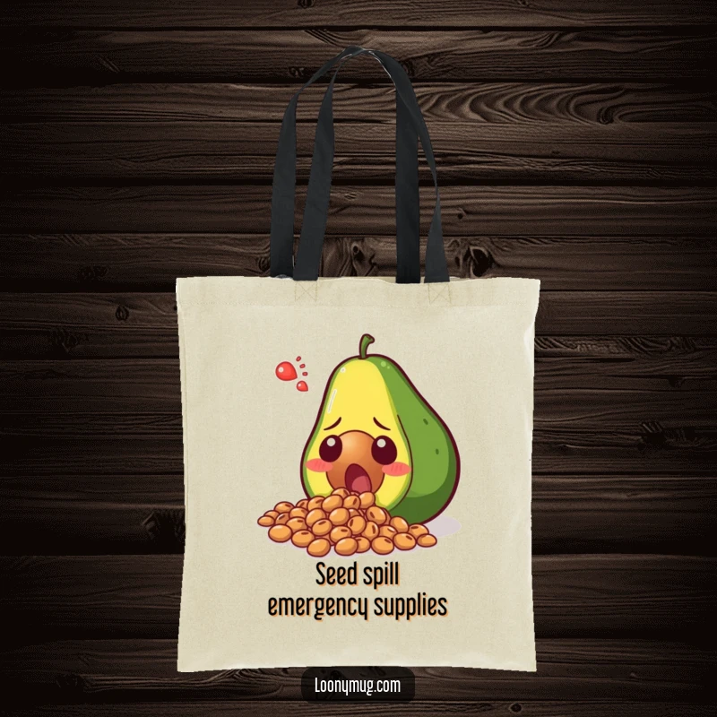Funny shocked avocado spilling its seeds in disbelief, on a durable tote bag. A humorous accessory for shopping and daily use.