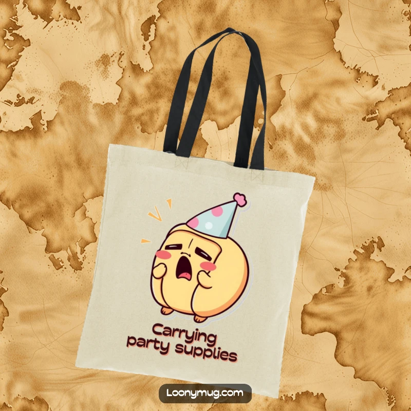 Funny tote bag showing a sleepy hot dog character yawning while wearing a small party hat.