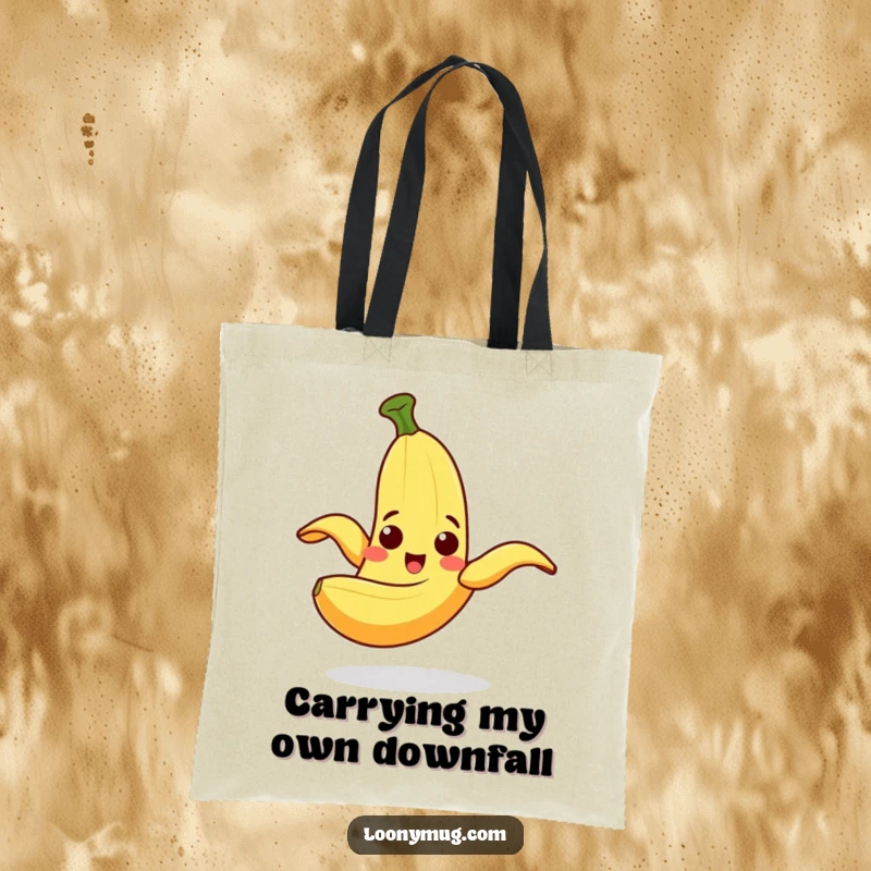 Funny Tote Bag featuring a cheerful banana peel comically slipping on itself with a surprised expression, great for laughs.