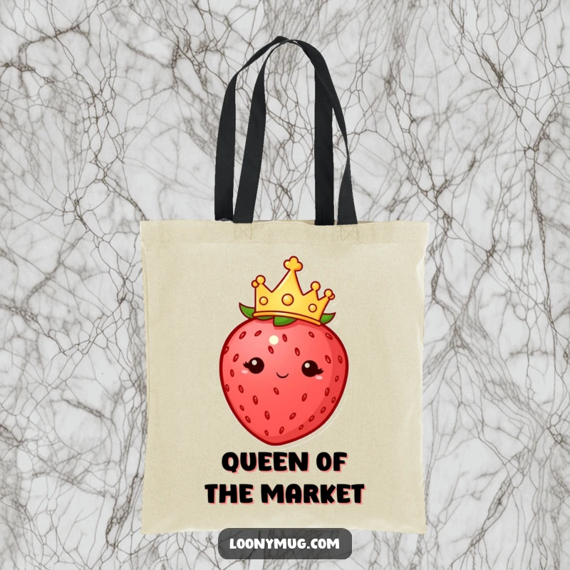 Funny tote bag featuring a plump strawberry wearing a tiny crown, looking imperious, perfect for carrying daily items.
