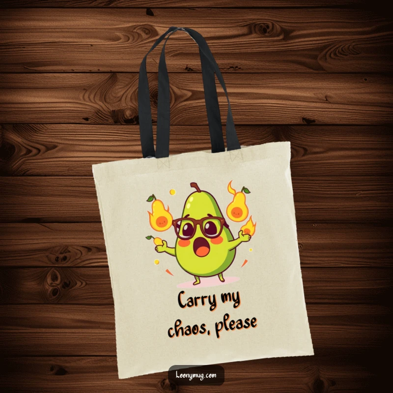 Funny tote bag showcasing a surprised avocado with glasses, juggling flaming pears, excellent for carrying humor and essentials.