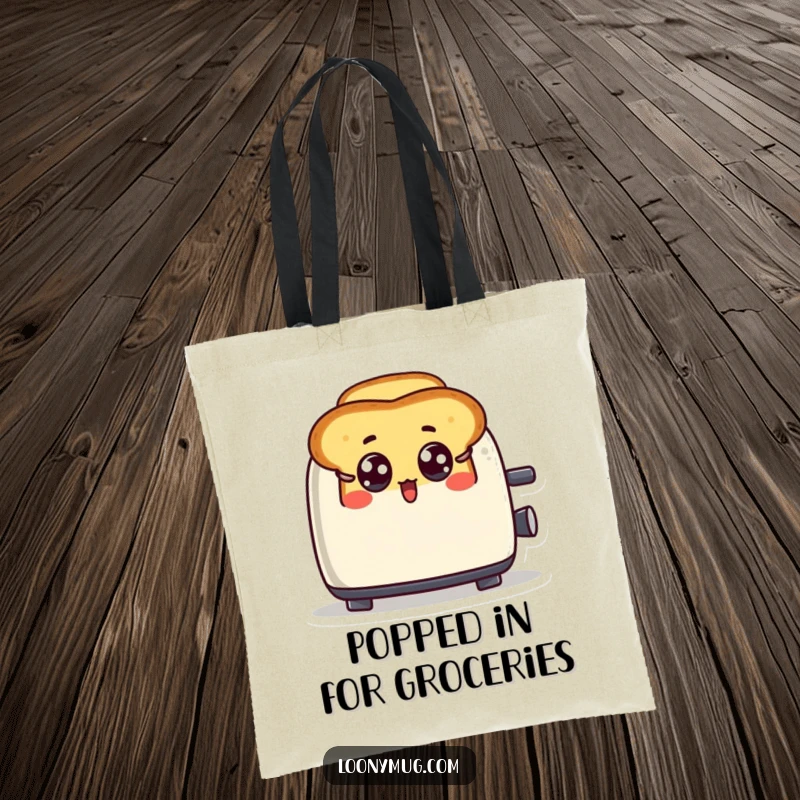 Funny tote bag featuring a toast character popping out of a toaster, sporting a look of pure surprise.