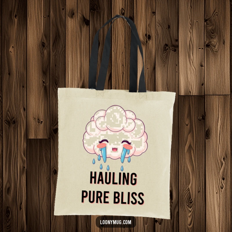 Funny tote bag with a cloud crying a beautiful rainbow, perfect for carrying items with a touch of joy.
