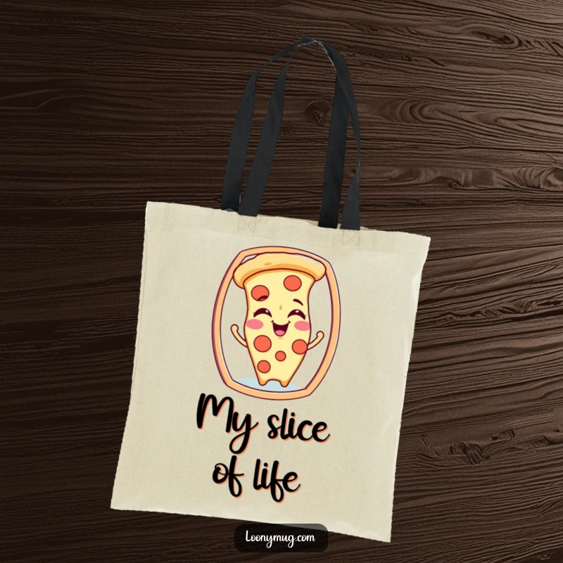 Funny tote bag depicting a giggling pizza slice character making hilarious faces at its mirror image, great for foodies.