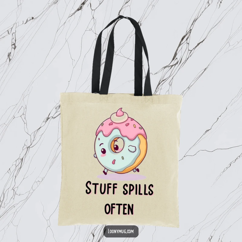 Funny clumsy donut character tote bag tripping over its frosting, a humorous and practical accessory.